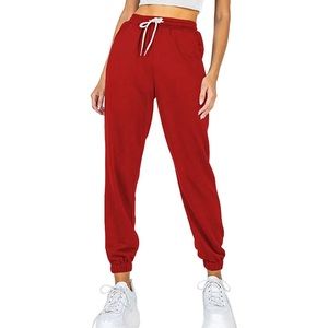 Red, Ezymall High Waisted Athletic Lounge Joggers/Sweatpants with Pockets.